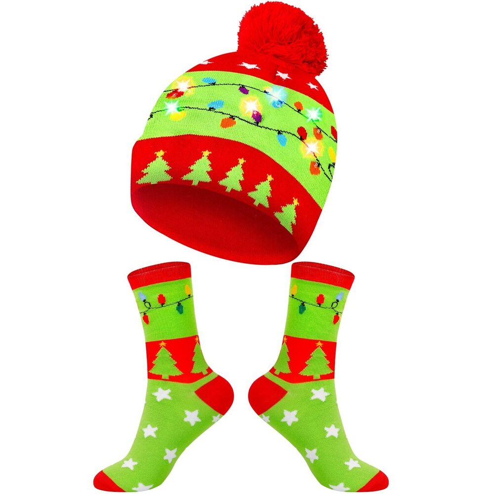 9001 Christmas Hats Socks Winter LED Costume Light Up Beanie Knit Hat Crew